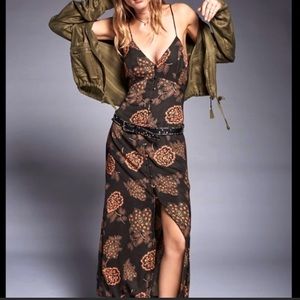 Free People Floral Maxi Button Front Slit Chain Cross Spaghetti Strap Black-2